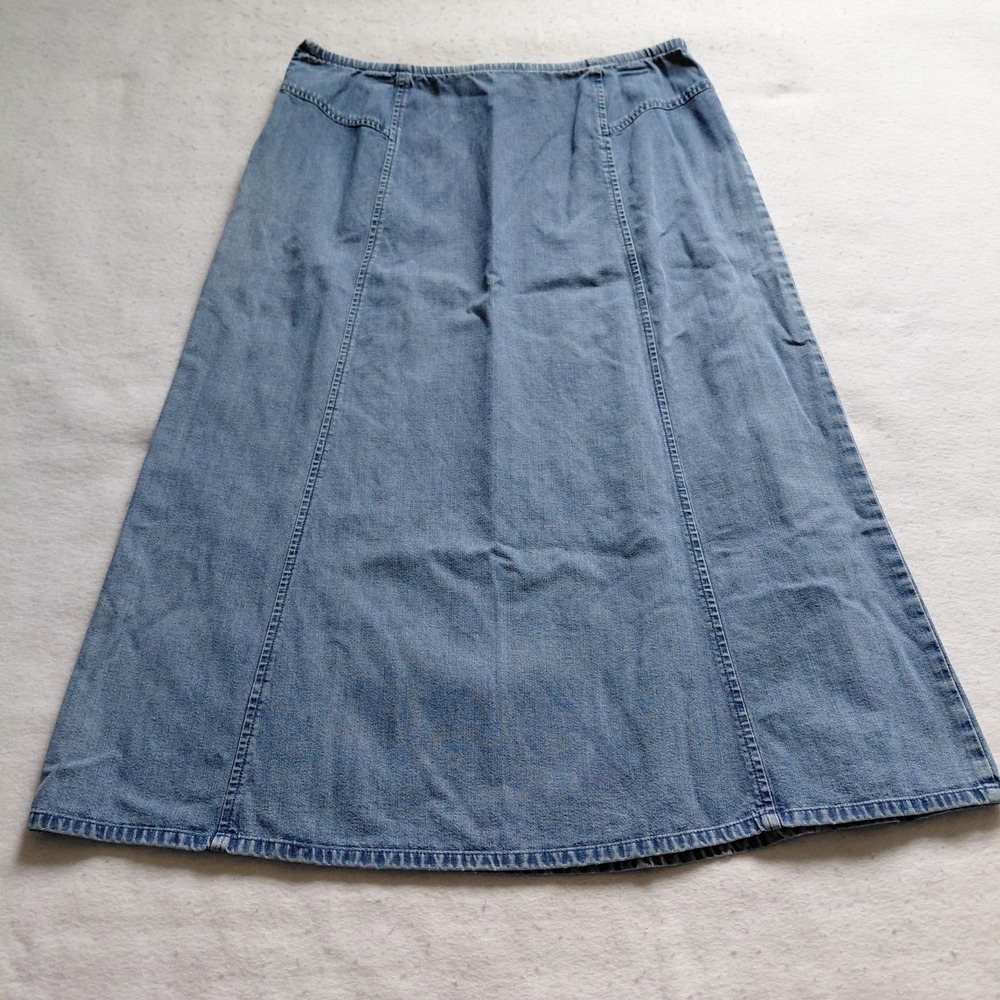 Vintage Orvis Light Wash Denim Skirt Womens 12 Midi Elastic Waist A-Line Blue